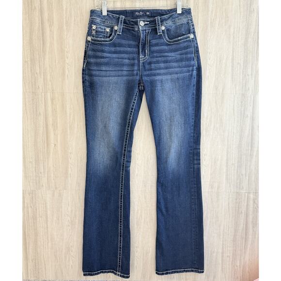 Miss Me Jeans Women 29 Floral Swirl Horseshoe Bling Pocket Mid Rise Boot Cut - Picture 2 of 16